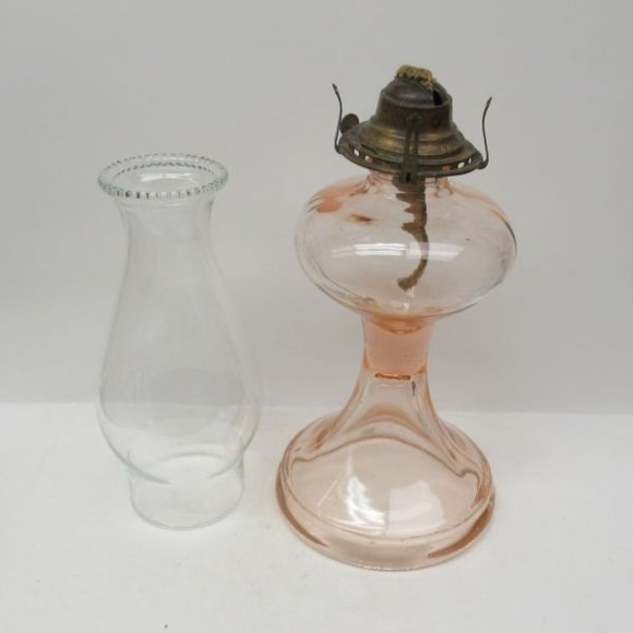 Vintage Depression Glass Pink OIL LAMP with Clear Globe - Works